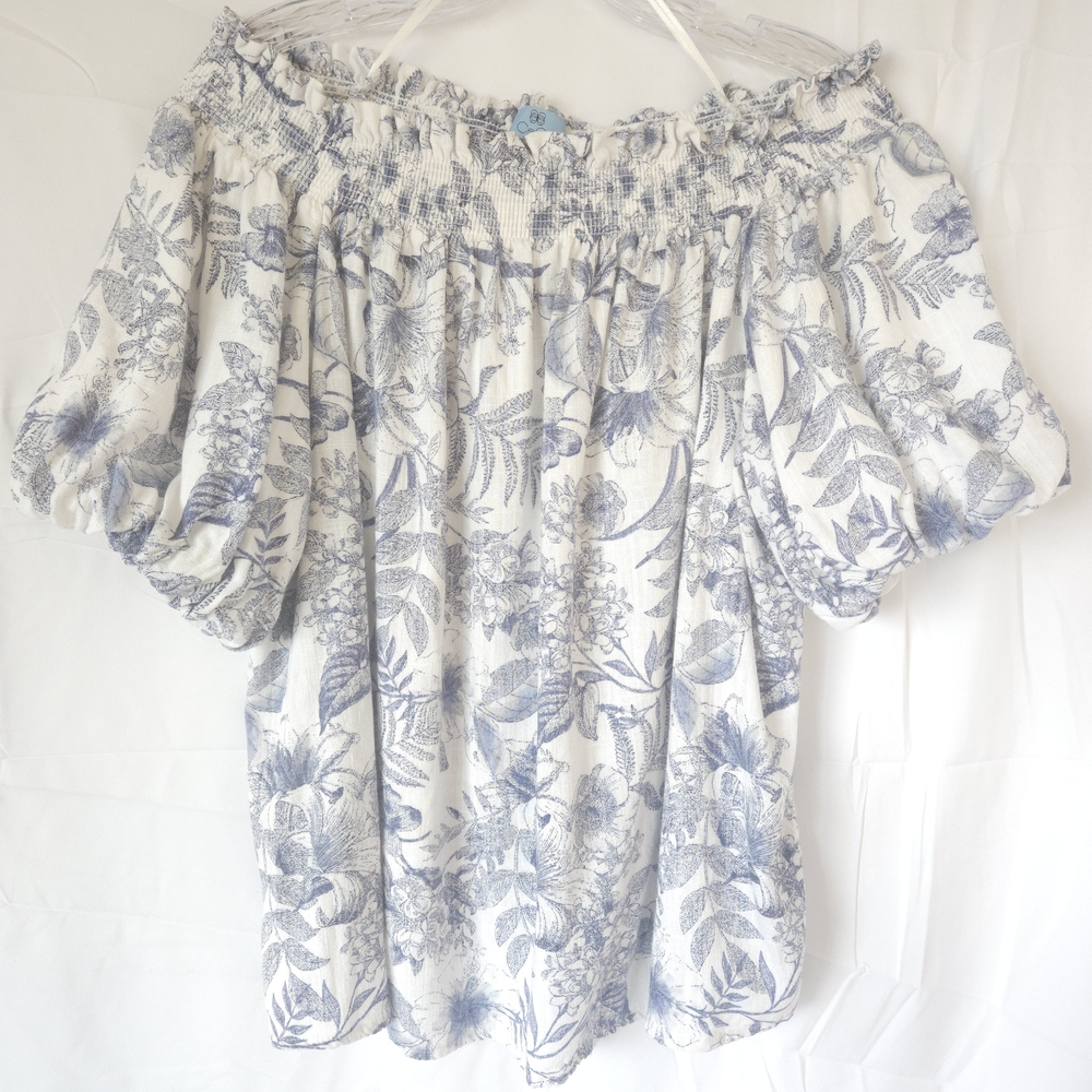 CeCe White and Light Blue Floral Off-Shoulder Blouse